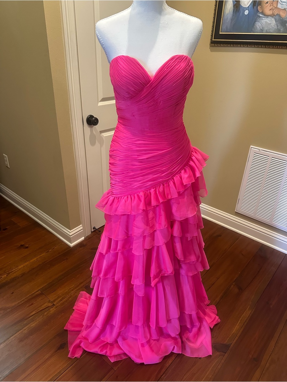 Strapless Ruffled Evening Gown in Hot Pink
